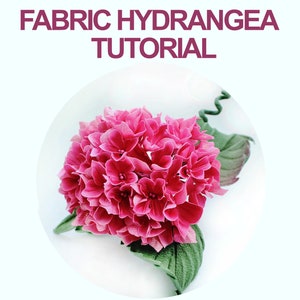May include: A vibrant pink fabric hydrangea flower with textured green leaves and a curled stem. The text FABRIC HYDRANGEA TUTORIAL is displayed in dark red capital letters above the flower, which is centred within a circular frame.