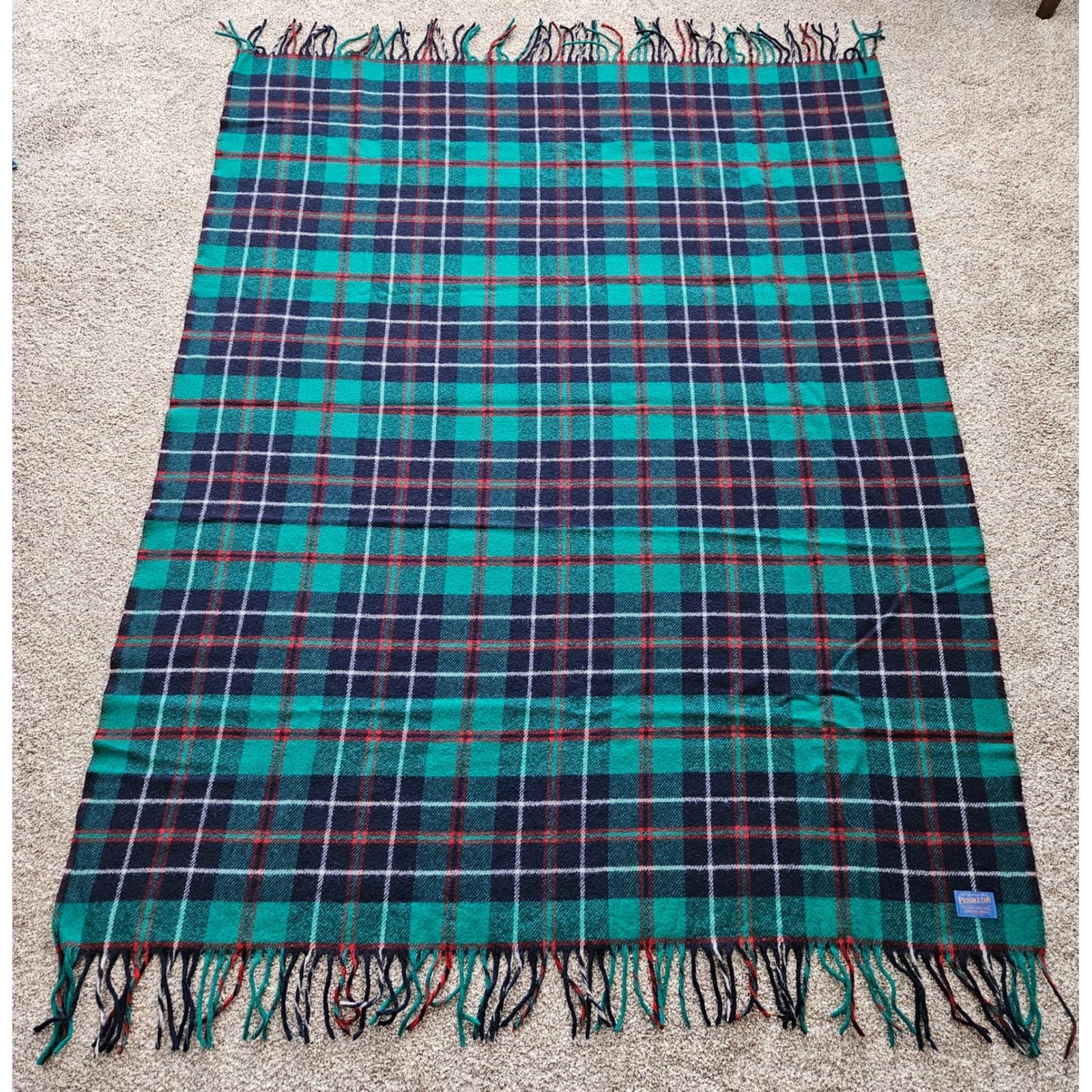 Couverture vintage Pendleton en laine à carreaux tartan rouge à franges