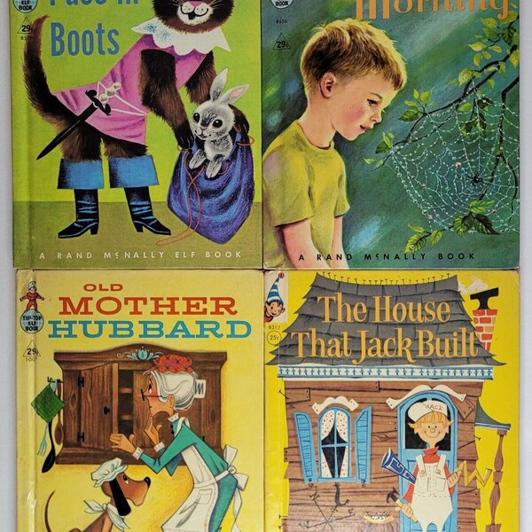 Rand McNally Elf Books Vintage Lot Of 4 Books 1950s Puss-in-Boots Mother Hubbard