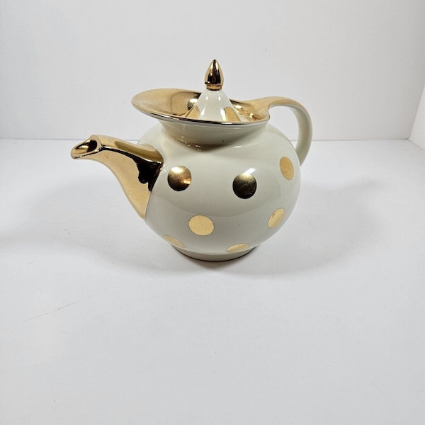 Vintage Hall Tea Pot 1940s White Gold Polka Dot Windshield Teapot 6 Cup USA