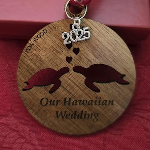 Hawaiian Wedding, Koa Wood, Christmas Ornament, Kissing Sea Turtles, Love Honu, Made in Hawaii with optional charm