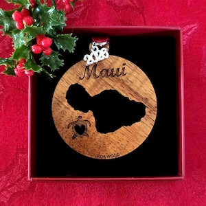 Island of Maui, Koa Wood Christmas Ornament, Made in Hawaii, with optional charm