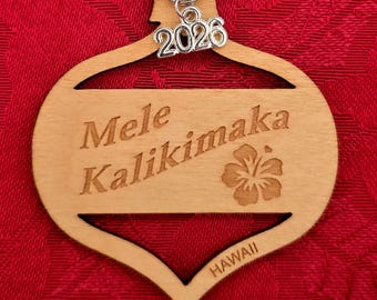 Mele Kalikimaka, Hawaii, Christmas, Hibiscus Flower, Birch Wood Ornament with optional charm