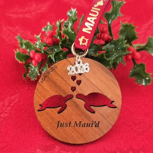 Just Maui'd Koa Wood Christmas Ornament, Hawaiian Wedding Gift, Sea Turtles, Made in Hawaii