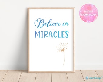 Christian Wall Art with Floral Decor | Inspirational Printable | Believe in Miracles | Instant Download | Blue