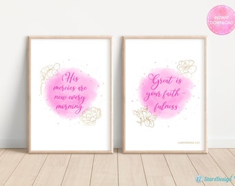 Christian Wall Art with Floral Decor | Bible Verse Printable | His Mercies are New Every Morning  | Lam 3:23 | Set of 2 | Pink