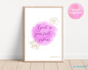 Christian Wall Art with Floral Decor | Bible Verse Printable | Great is Your Faithfulness  | Lam 3:23 | Instant Download | Purple