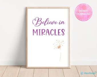 Christian Wall Art with Floral Decor | Inspirational Printable | Believe in Miracles | Instant Download | Purple