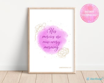 Christian Wall Art with Floral Decor | Bible Verse Printable | His Mercies are New Every Morning  | Lam 3:23 | Instant Download | Purple