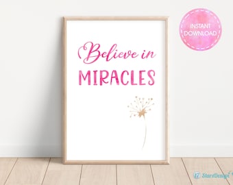 Christian Wall Art with Floral Decor | Inspirational Printable | Believe in Miracles | Instant Download | Pink