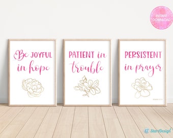 Christian Wall Art with Floral Decor | Bible Verse Printable | Be joyful in hope | Romans 12:12 | Instant Download | Set of 3 | Pink