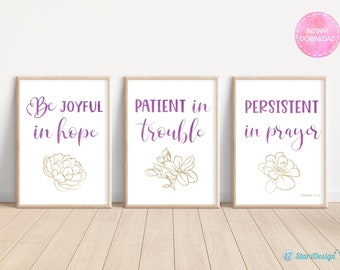 Christian Wall Art with Floral Decor | Bible Verse Printable | Be joyful in hope | Romans 12:12 | Instant Download | Set of 3 | Purple