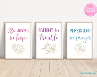 Christian Wall Art with Floral Decor | Bible Verse Printable | Be joyful in hope | Romans 12:12 | Instant Download | Set of 3 | Mixed colors