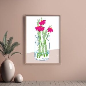 Impresión de flores en jarrón, margaritas, rosa, póster, arte de pared, estilo Matisse, regalo de Navidad, decoración boho, colorido, contorno, dibujo, ilustración