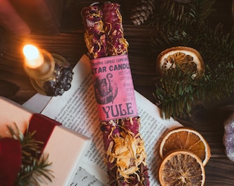 2 Red Yule Beeswax Altar Candles: Herbs, Crystals & Ritual Guide