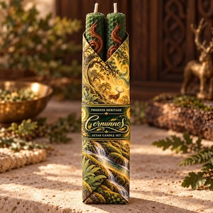 May include: Two green honeycomb-textured taper candles wrapped in a decorative paper sleeve featuring a forest landscape, a deer, and a waterfall. The label reads Phoenix Heritage Cernunnos Altar Candle Set in gold and white lettering.