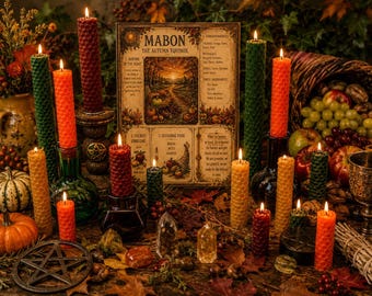 Mabon Altar Candle Set: Beeswax Spell Candles + Autumn Equinox Guide