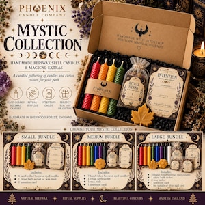 Peut inclure: Un coffret cadeau Mystic Collection contenant quatre bougies rituelles en cire d'abeille roulée à la main, rouges, orange, jaunes et vertes, un sachet d'herbes rituelles, une carte d'intention et une cire fondante en forme de feuille.