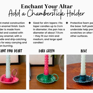 May include: Three cast-metal chamberstick holders with enamel finish, each holding a spiral taper candle. The holders are pink, green, and blue, with a handle and drip-catching pan. Text reads "Enchant Your Altar, Add a Chamberstick Holder."