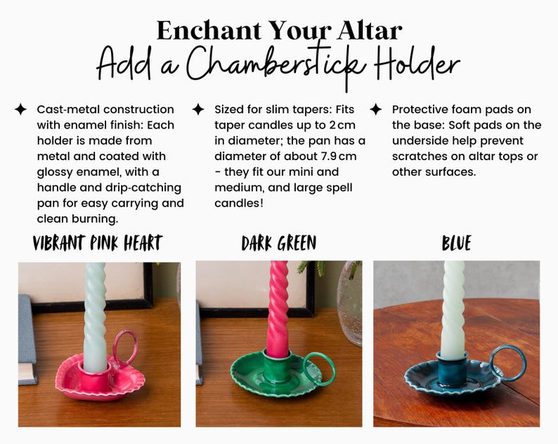 May include: Three cast-metal chamberstick holders with enamel finish, each holding a spiral taper candle. The holders are pink, green, and blue, with a handle and drip-catching pan. Text reads "Enchant Your Altar, Add a Chamberstick Holder."