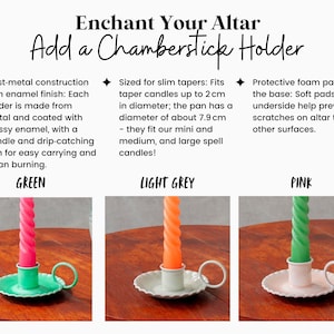May include: Chamberstick holders in green, light grey, and pink, each with a matching spiral taper candle. The holders are cast metal with an enamel finish, a handle, and a drip-catching pan. The text reads "Enchant Your Altar, Add a Chamberstick Holder."