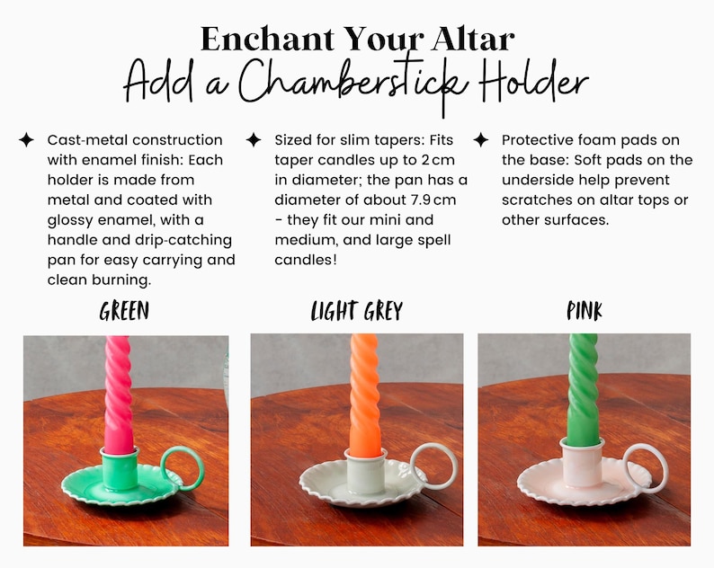 May include: Chamberstick holders in green, light grey, and pink, each with a matching spiral taper candle. The holders are cast metal with an enamel finish, a handle, and a drip-catching pan. The text reads "Enchant Your Altar, Add a Chamberstick Holder."