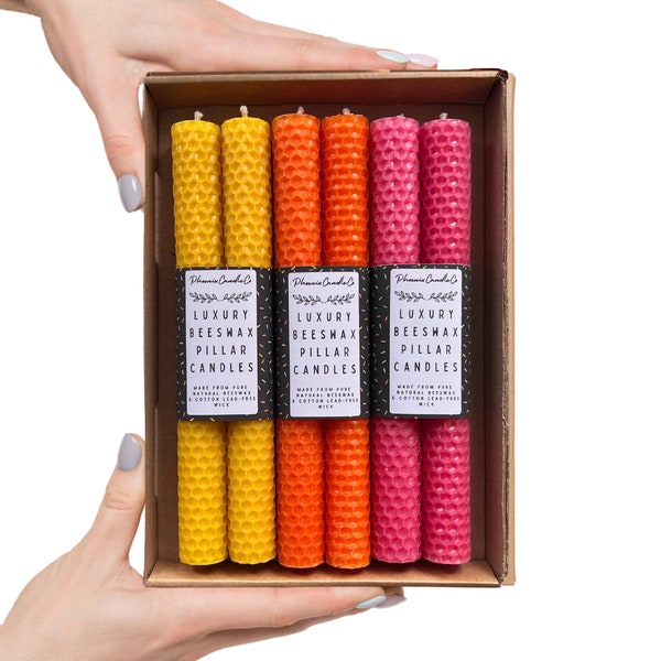 Hand-rolled 8" (20cm) Beeswax Pillar Candles - 20 Different Colours