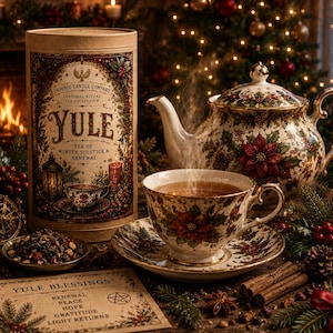 May include: A cylindrical cardboard container labeled Yule Tea of Winter Solstice & Renewal, a porcelain teapot and teacup with poinsettia patterns, a small bowl of loose tea, and a card with the text Yule Blessings, Renewal, Peace, Hope, Gratitude.