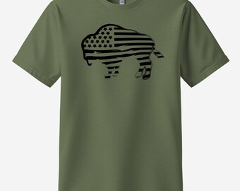 Buffalo Flag TShirt Patriotic American Pride Distressed Tee Military T-Shirt Graphic Shirt Apparel Gift