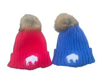 Buffalo Winter Football Beanie Embroidered Buffalo NY Cozy Knit Hat Faux Fur Pom Gift