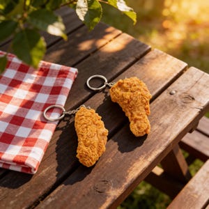 Two realistic fried chicken wing keychains on a rustic wooden picnic table next to a red-and-white checkered cloth, each with a silver key ring—funny foodie keychain set, novelty wing accessory, and gift for chicken wing lovers.