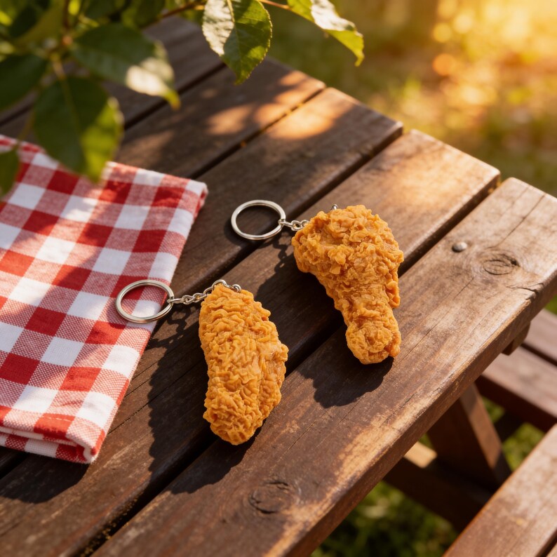 Two realistic fried chicken wing keychains on a rustic wooden picnic table next to a red-and-white checkered cloth, each with a silver key ring—funny foodie keychain set, novelty wing accessory, and gift for chicken wing lovers.