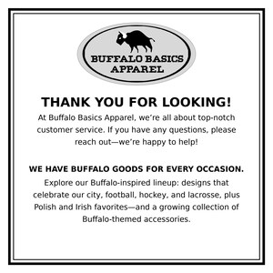 Buffalo Basics Apparel brand graphic/thank-you card image with “Thank you for looking” message and customer service note—shop info card highlighting Buffalo-inspired goods for every occasion.