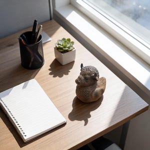 A desk with a notepad, pen holder, small succulent plant, and a brown bison figurine. The notepad is open, and the pen holder is black. The figurine is brown and has small horns.