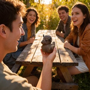 A brown resin duck shaped like a bison is held up in front of a group of laughing people. The bison duck has horns and is detailed with textured fur. The group is sitting at a wooden picnic table outdoors.