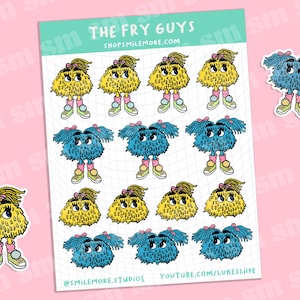 May include: A sheet of stickers featuring cartoon characters with fuzzy hair. The characters are wearing dresses and have different coloured hair. The stickers are labelled "The Fry Guys" and "ShopSmileMore.com".