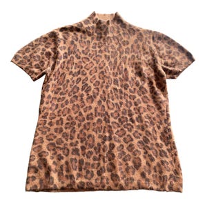 Maglione vintage Mendocino in angora con stampa leopardata, maniche corte e collo alto, taglia S, anni '90.