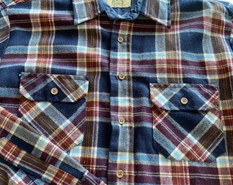 Camisa vintage de franela Sears para hombre, talla grande, a cuadros, con botones, color azul marino, años 80, acrílico.