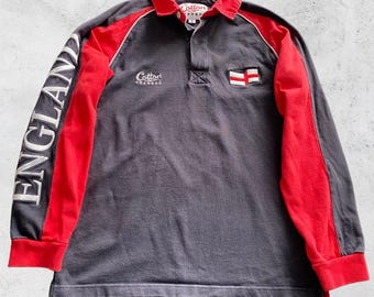 Cotton Traders Rugby Shirt Small Long Sleeve Polo England Flag Patch 90s