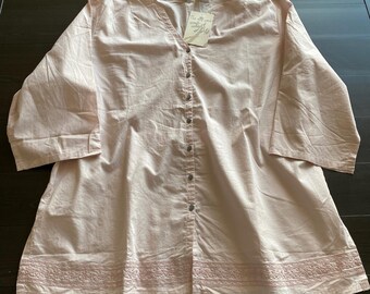 J. Jill Shirt XL Petite Powder Pink Cotton Embroidered Hem Button  Tunic Boho