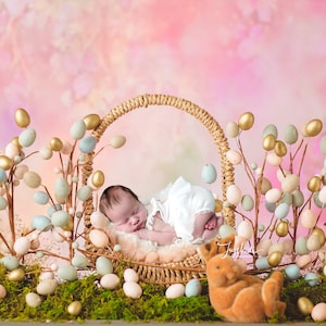Pink Floral Dreamy Easter Egg Bunny Tummy Pose Newborn Photography Digital Background