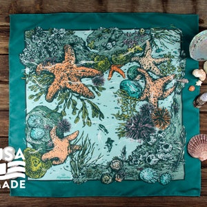 Tide Pool QUICK-DRY BANDANA / 22&quot; x 22&quot; Poly Starfish Shells Urchin Ocean Headband Scarf Face Covering Alpinecho