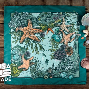 Tide Pool QUICK-DRY BANDANA / 22" x 22" Poly Starfish Shells Urchin Ocean Headband Scarf Face Covering Alpinecho