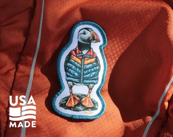 Puffin In A Puffer PATCH 50% Off Clearance Sale / Iron-On Sew-On Backpack Bird Funny Iceland Puffling Colorful Retro Birding Alpinecho