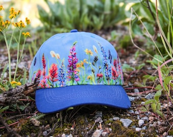 Bloom Wildflower DAD HAT / Lupin Indian Paintbrush Periwinkle Ball Baseball Cap Blue Flower Purple Colorful Rainbow Bright Wild Alpinecho