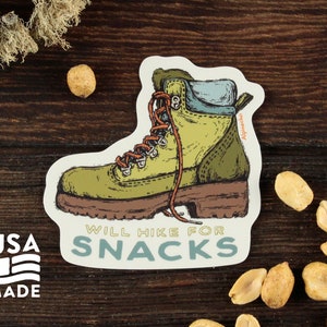 Will Hike For Snacks STICKER / Waterproof Vinyl Backpacking Camping Water Bottle Laptop Nalgene Funny Bumper Sticker Decal Alpinecho