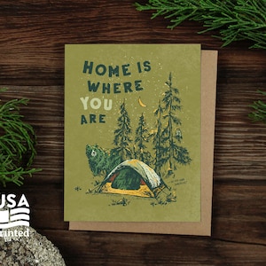 Home is Where You Are GREETING CARD / A2 4x5 Stationary Tent Camping Owl Bear Letter Writing Alpinecho