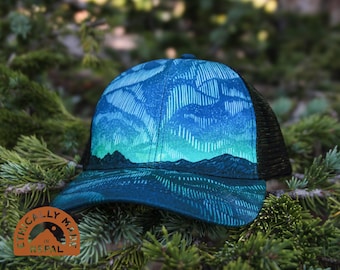 Northern Lights TRUCKER HAT / Aurora Borealis Stargaze Night Sky Ball Baseball Cap Blue Green Stars Mountains Nature Full Color Alpinecho