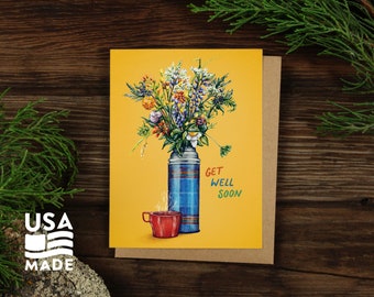 Get Well Soon Thermos Flowers GREETING CARD / A2 4x5 Stationary Wildflowers Retro Camping Tea Outdoorsy Letter Writing Alpinecho