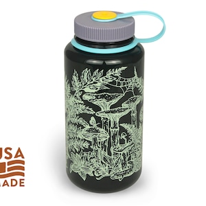 Forest Floor NALGENE / Water Bottle Ferns Mushrooms Snails Butterfly Nature Pattern 32 oz BPA-Free Alpinecho